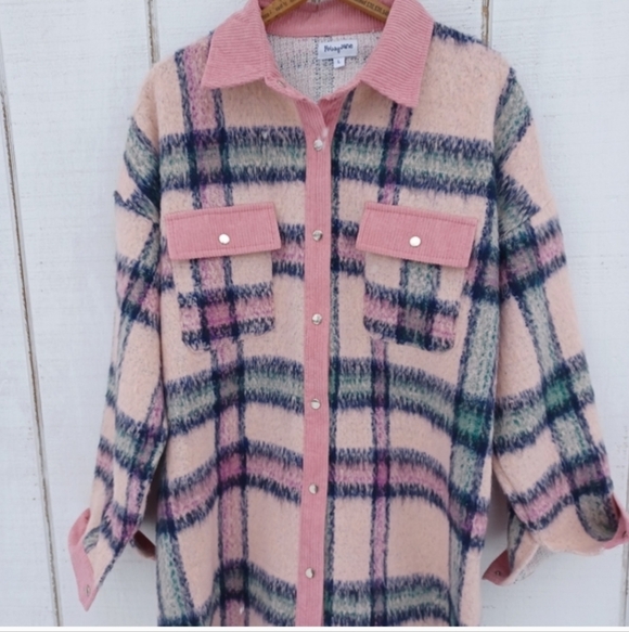 Prissy Jane Jackets & Blazers - Pink Plaid Button-Up Thick Shirt Jacket